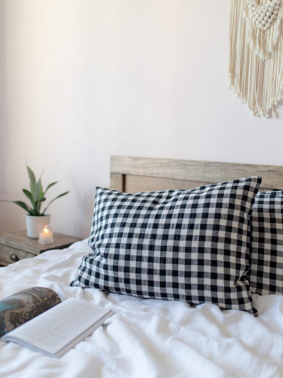Black and white gingham linen pillowcase, Gingham linen pillow sham, Gingham pillow cover, Plaid linen pillow case, Checkered pillow
