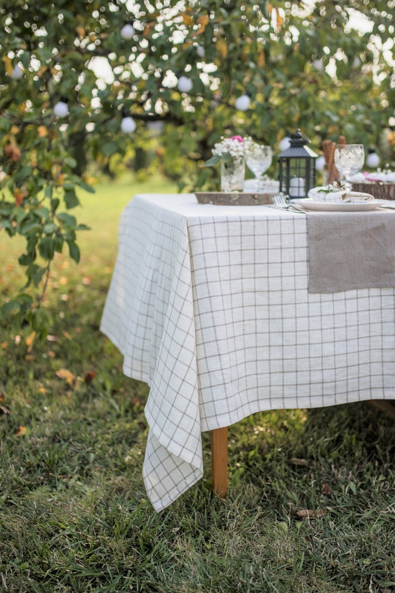 Plaid eco friendly linen tablecloth, holiday tablecloths, square, rectangular tablecloth, linen farmhouse tablecloth, dinning table clothes image 1