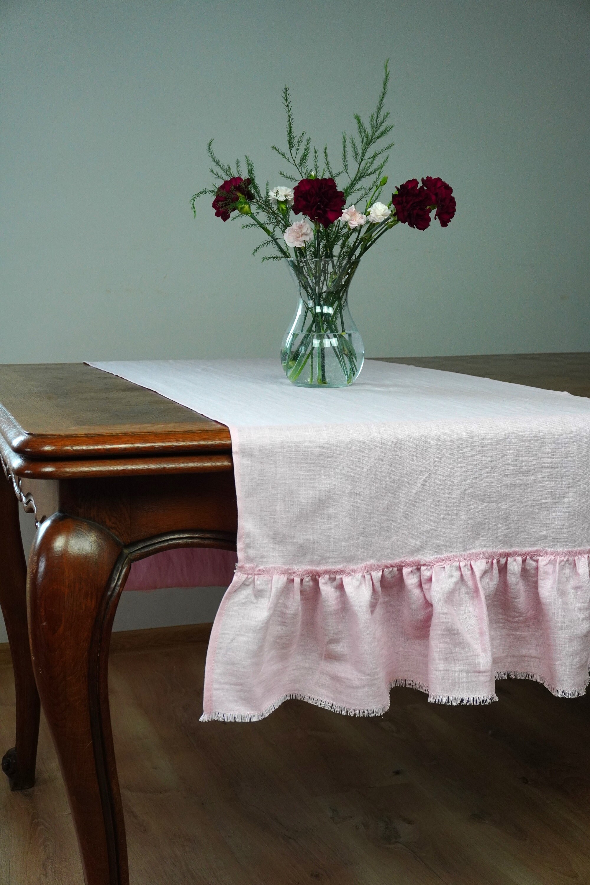 Linen Ruffle Table Runner Pink Linen Table Runner. Ruffled Table Runner. Fringed Linen Table ...