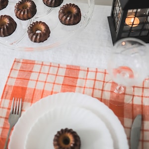 Check linen cloth napkins, orange plaid linen napkins, Easter table linen napkins, gingham linen napkin, checkered orange dinner napkins