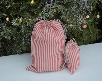 Red striped drawstring gift bag. Small, large linen favour bags. Christmas gift bag. Eco friendly linen bag. Christmas gift wrap pouch