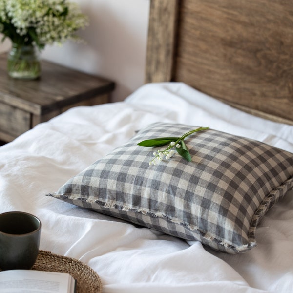 Taie d'oreiller vichy en lin naturel avec fermeture éclair. Coussin en lin à carreaux avec franges. Housse de coussin en lin à carreaux. Petit, grand et long taie d'oreiller