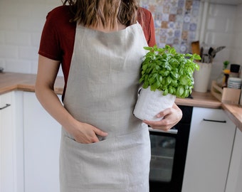 Full apron with pockets. Kitchen full natural linen apron. Cook long apron. Cafe waiter apron. Food seller apron. Waiter apron with pockets