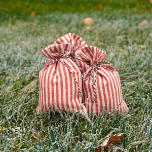 Può includere: Tre sacchetti regalo in tessuto a righe rosse e bianche, legati con spago, appoggiati su erba verde. I sacchetti sono pieni e raccolti in alto con uno spago decorativo. La scena è all'aperto.