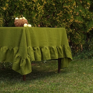 Olive green linen tablecloth with ruffle. Farmhouse linen tablecloth. Shabby chic tablecloth. Flax ruffle tablecloth. Custom size tablecloth