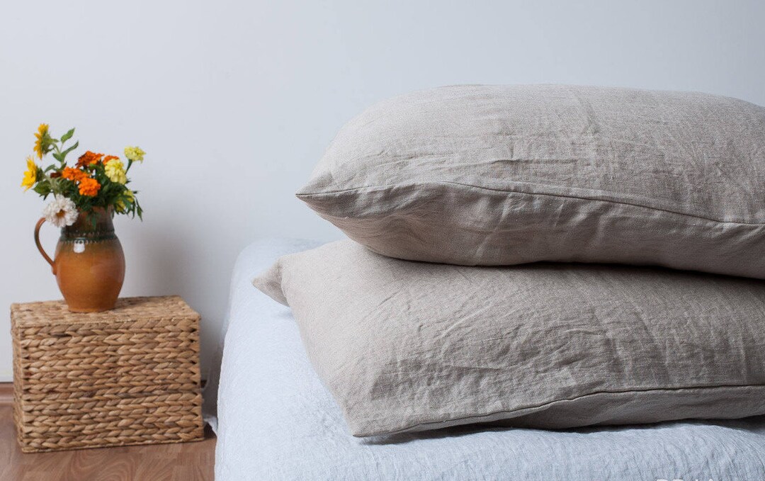 Set 2 Natural Linen Pillowcases. Washed Linen Pillow Slips. Soft Linen