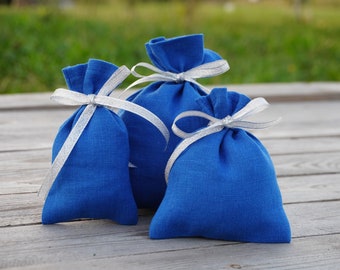 Set of 10 Blue Favor Bags with Silver Ribbon, Fabric Gift Pouch for Guests