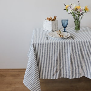 Striped linen tablecloth, blue white stripy tablecloths, square, rectangular tablecloths, linen wedding tablecloth, dinning table clothes