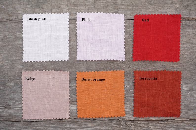 May include: Six fabric swatches in different colors: blush pink, pink, red, beige, burnt orange, and terracotta.