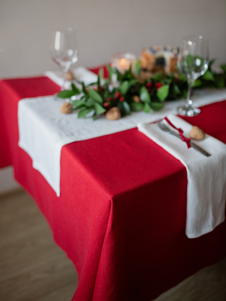 Olive green linen tablecloth, green flax table cloth, Christmas linen tablecloth, square, rectangular tablecloths, green wedding tablecloths 16. Red