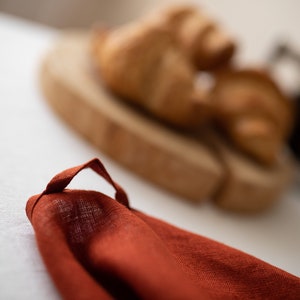 May include: A close-up of a rust-colored linen tea towel with a loop handle. The towel is folded and lying on a white surface.