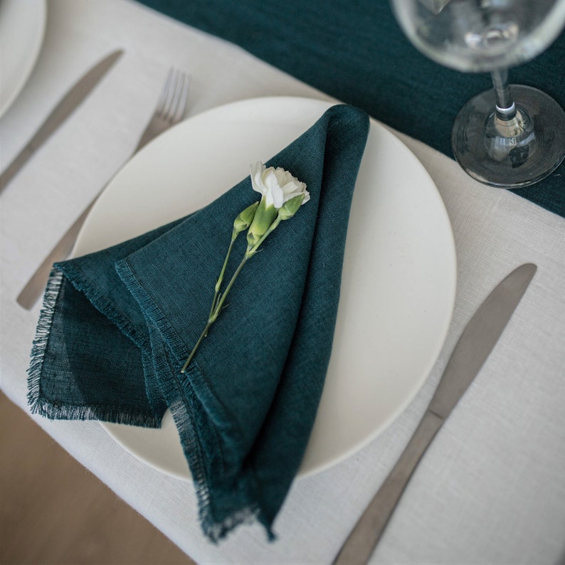 Emerald Green Linen Fringe Napkins Emerald Green Wedding Etsy