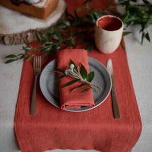Rust colored European linen runner for farmhouse dining table