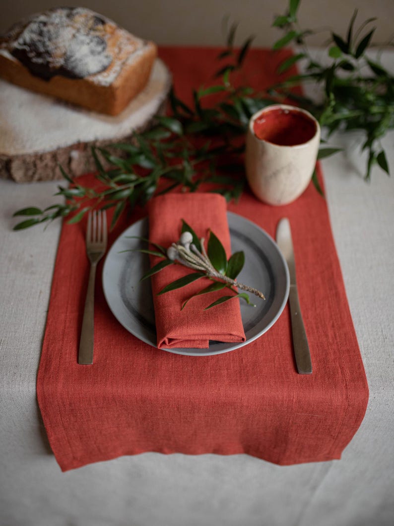 Rust colored European linen runner for farmhouse dining table