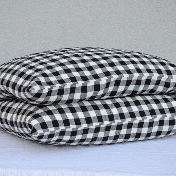 Black and white gingham linen pillowcase, Gingham linen pillow sham, Gingham pillow cover, Plaid linen pillow case, Checkered pillow