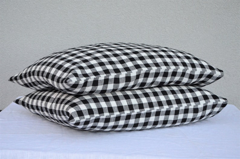 Funda de almohada de lino a cuadros blancos y negros, funda de almohada de lino a cuadros, funda de almohada a cuadros, funda de almohada de lino a cuadros, almohada a cuadros imagen 3