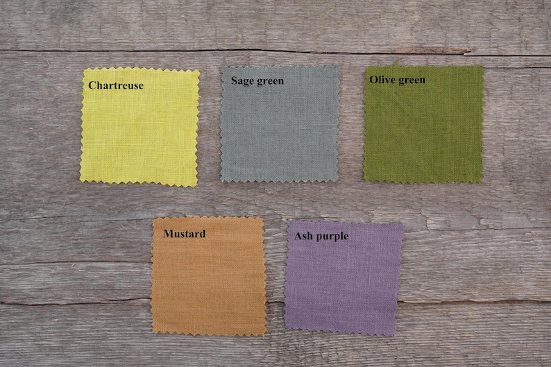 Color options for handmade European linen table runners including chartreuse, sage green, olive green, mustard, ash purple.