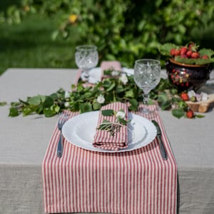 Red Striped linen table runner, table runner wedding, linen table cloth, Christmas linen table runner, flax table topper, stripe table linen