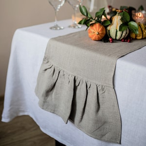 Ruffled linen table runner. Farmhouse linen table runner. Rustic flax table runner. Shabby chic table runner. Washed linen table overlays