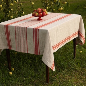 Red striped linen tablecloth, French style linen tablecloth, Softened linen tablecloth, Rustic farmhouse tablecloth, Striped table linens
