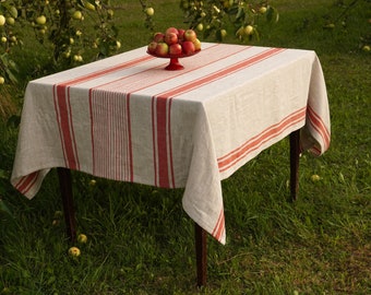 Rot gestreifte Leinentischdecke, Leinentischdecke im französischen Stil, Erweichte Leinentischdecke, Rustikale Bauerntischdecke, Gestreifte Tischwäsche