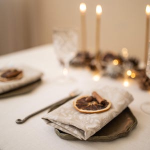 Christmas linen cloth napkins with Holly sprigs print for holiday hosting decor