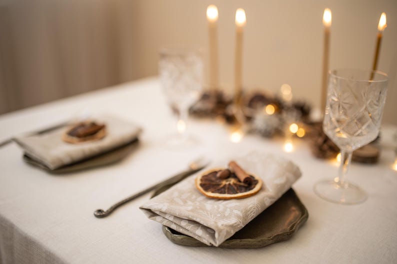 Christmas linen cloth napkins with Holly sprigs print for holiday hosting decor