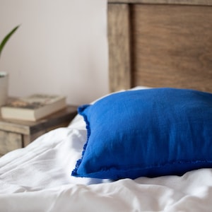 Cobalt blue linen pillow sham with fringes for couch or bed decoration, fringed linen pillow cover, fringe linen pillowcase