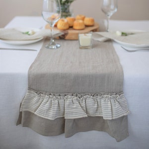 Ruffled striped linen table runner | Shabby chic table runner | French country table runner | Ruffles linen table cloth | Rustic flax runner