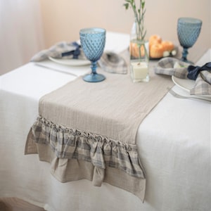 Ruffled gingham linen table runner | Shabby chic table runner | Checked table runner | Ruffles linen table cloth | Plaid linen