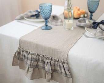 Gekräuselter Tischläufer aus Gingham-Leinen | Shabby-Chic-Tischläufer | Karierter Tischläufer | Rüschen-Leinen-Tischdecke | Kariertes Leinen