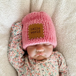 Newborn Knit Hat, Welcome to the World Hat, Knit Hat with Patch, Linen Knit Hat, Baby Hospital Hat, Neutral Newborn hat