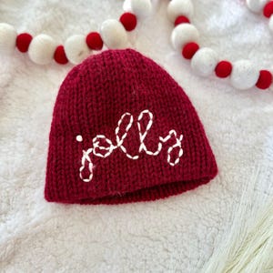Christmas Newborn Hat, Holiday Baby Announcement, Embroidered Jolly Beanie, Baby&#39;s First Christmas Gift, Mama Baby Matching Winter Knit Hat