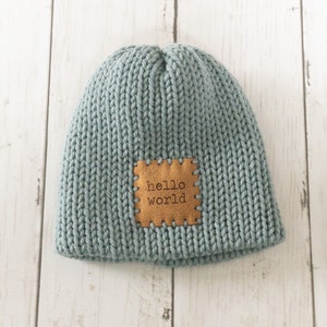 Newborn Knit Hat, Welcome to the World Hat, Infant Beanie, Knit Hat with Patch, Baby Hospital Hat