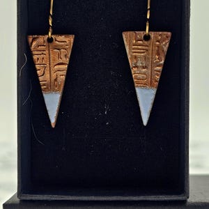 Handmade Copper Triangle Earrings – Embossed Egyptian Hieroglyph with Sky Blue Enamel Tip – Egyptian style.