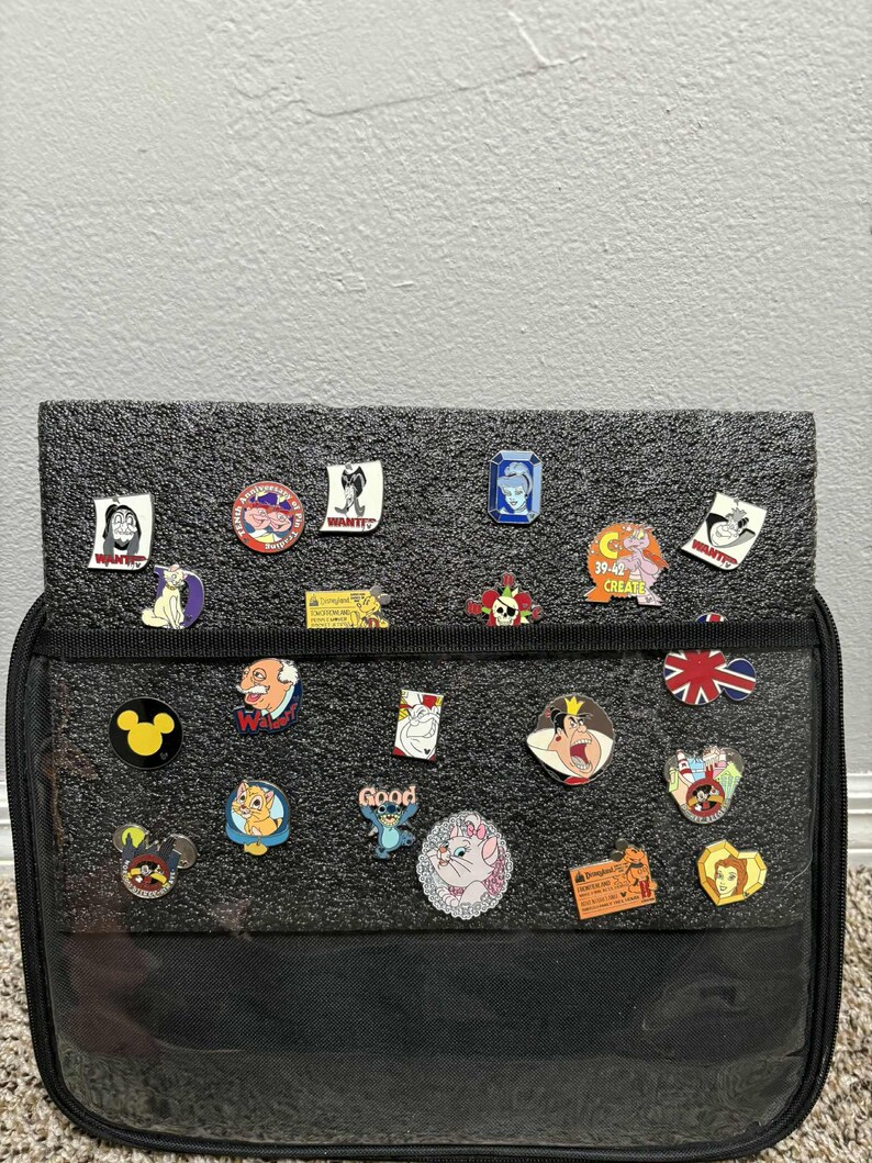 Puede incluir: Una colecci&oacute;n de pines de esmalte, con varios personajes y dise&ntilde;os de dibujos animados, exhibidos en una bolsa de pines negra. Los pines muestran una variedad de colores y formas, incluyendo Mickey Mouse y otros personajes de Disney.