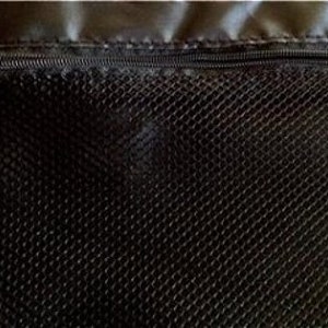 May include: Close-up of a black mesh fabric with a zipper at the top. The zipper is dark gray and has a small metal pull. The mesh has a diamond pattern and is likely part of a bag or other container.