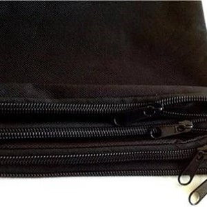 May include: Close-up of a stack of black fabric pouches with multiple zippers. The zippers are black and have metal pulls. The fabric appears to be a durable, woven material.