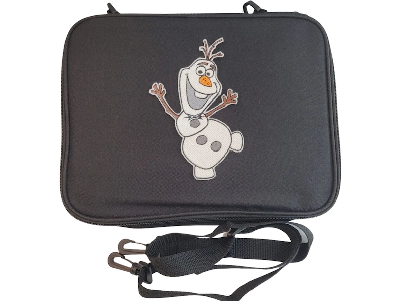 May include: Black rectangular carrying case with a zipper closure and a detachable shoulder strap. The case features an embroidered image of Olaf, the snowman character from the movie Frozen. The image is in white, orange, and brown.
