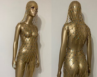 Gold Sparkly Chain Dress  & Head Dress,Festival Jewelry, Body Chain , Body Jewelry, Rave outfit