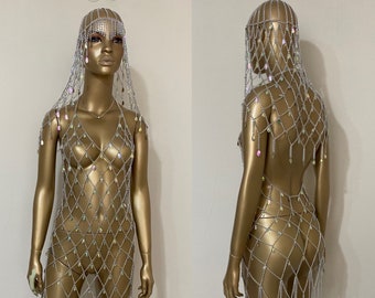 Silver Sparkly Chain Dress & Head Dress ,