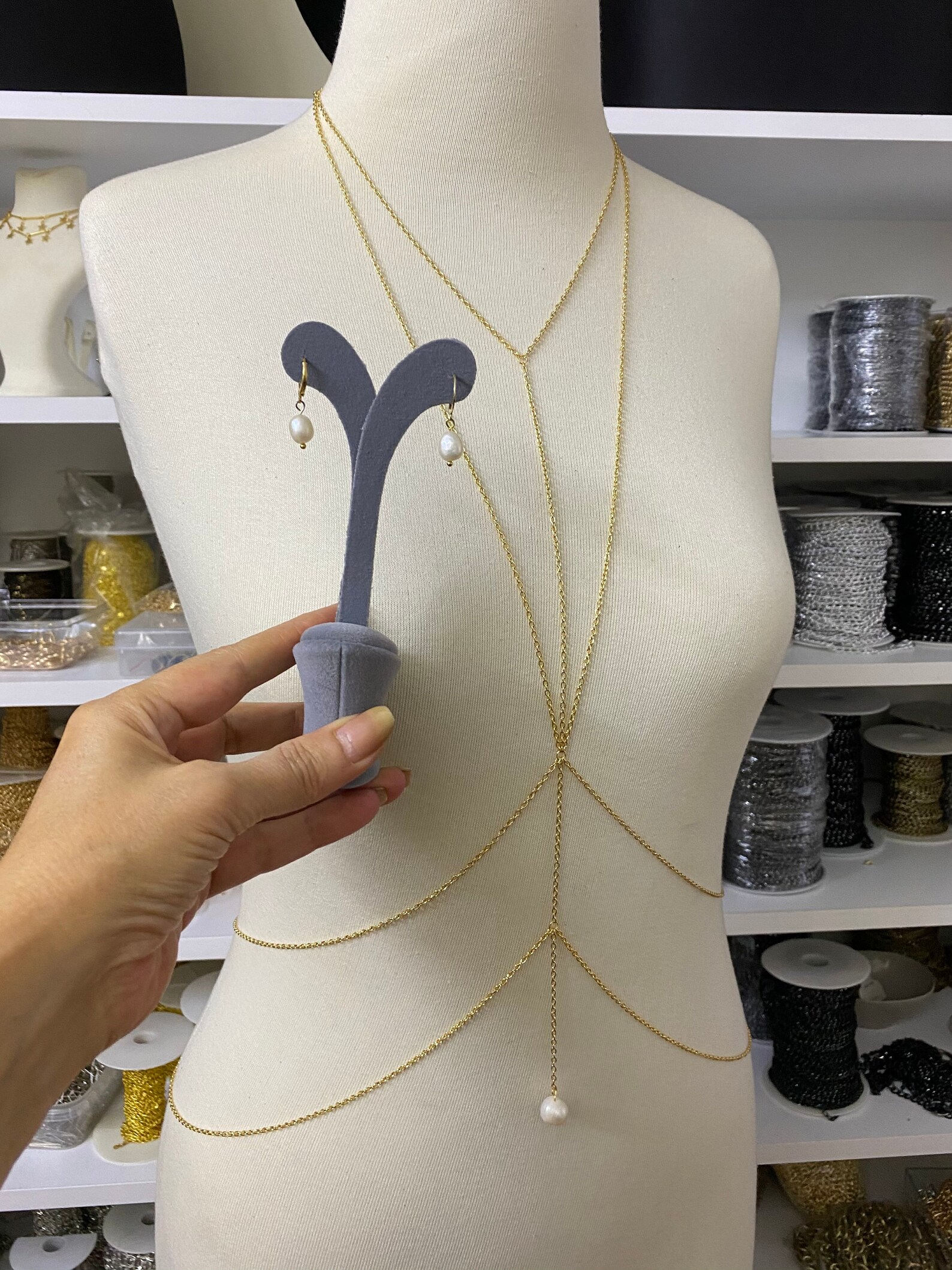 Gold Body Necklace Body Chain Pearl Earrings Gift Body Etsy