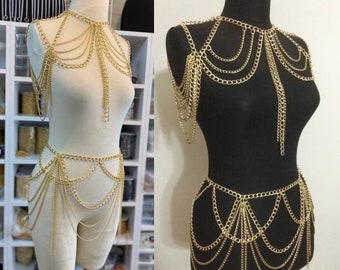 Gold body chain / body jewelry / shoulder chain / belly chain / set / body jewelry / festival costume