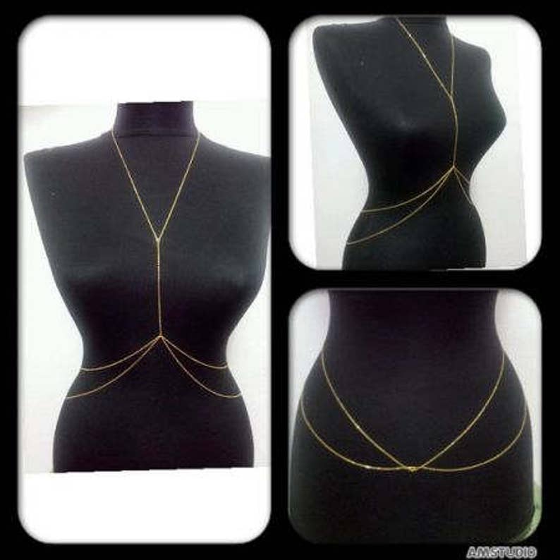 Gold Body Chain, Gold Body Jewelry, Delicate Body Chain, Dainty Body Necklace, Dainty Bodychain, BDC1047-02 image 2