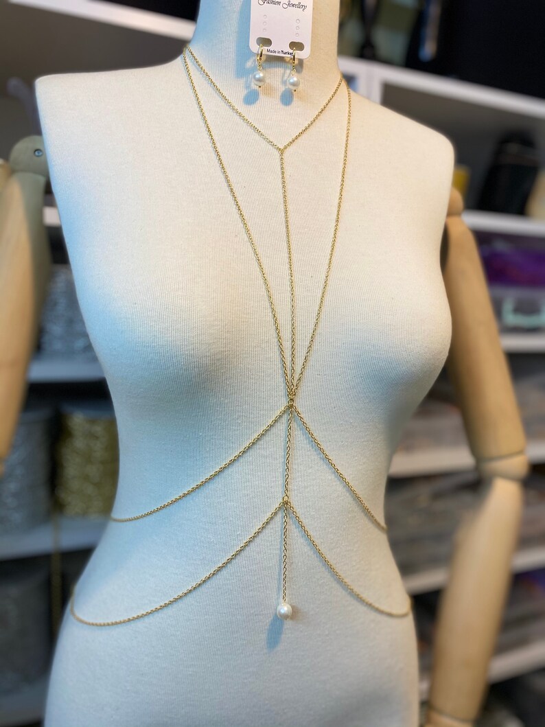 Gold Body Necklace Body Chain Pearl Earrings Gift Body Etsy