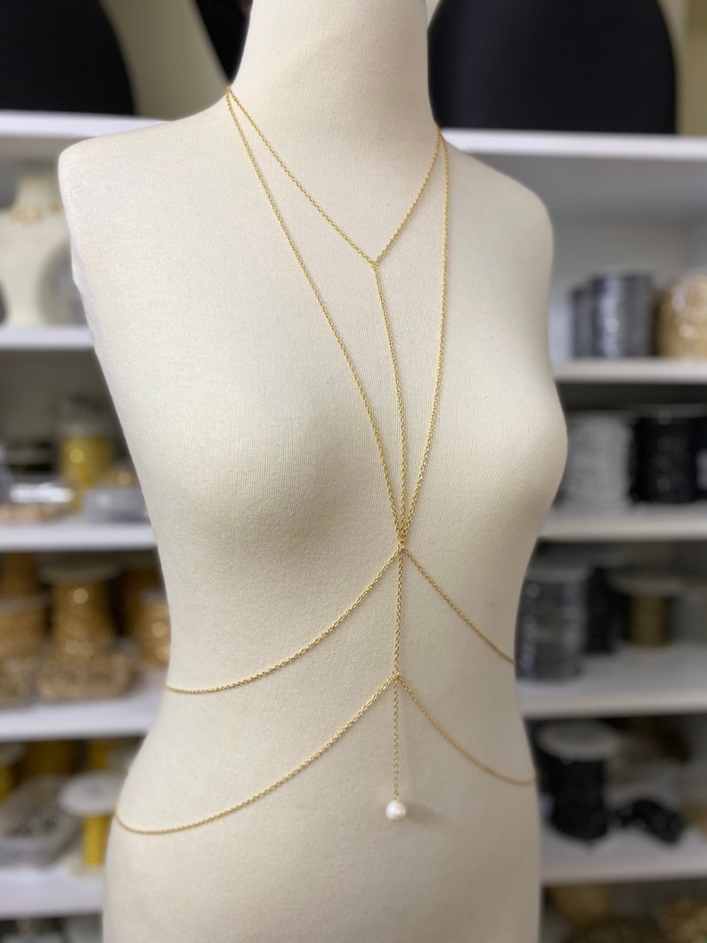 Gold Body Necklace Body Chain Pearl Earrings Gift Body Etsy