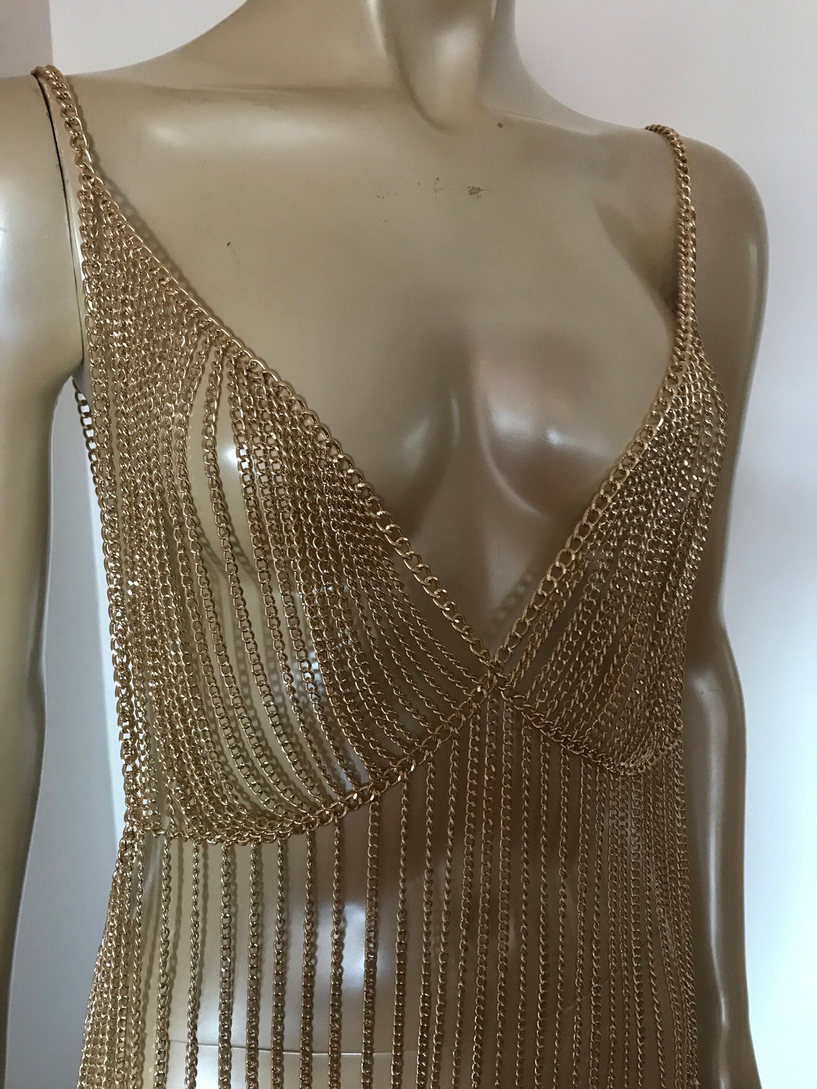 Embellished Crystal Chain Dress In Gold