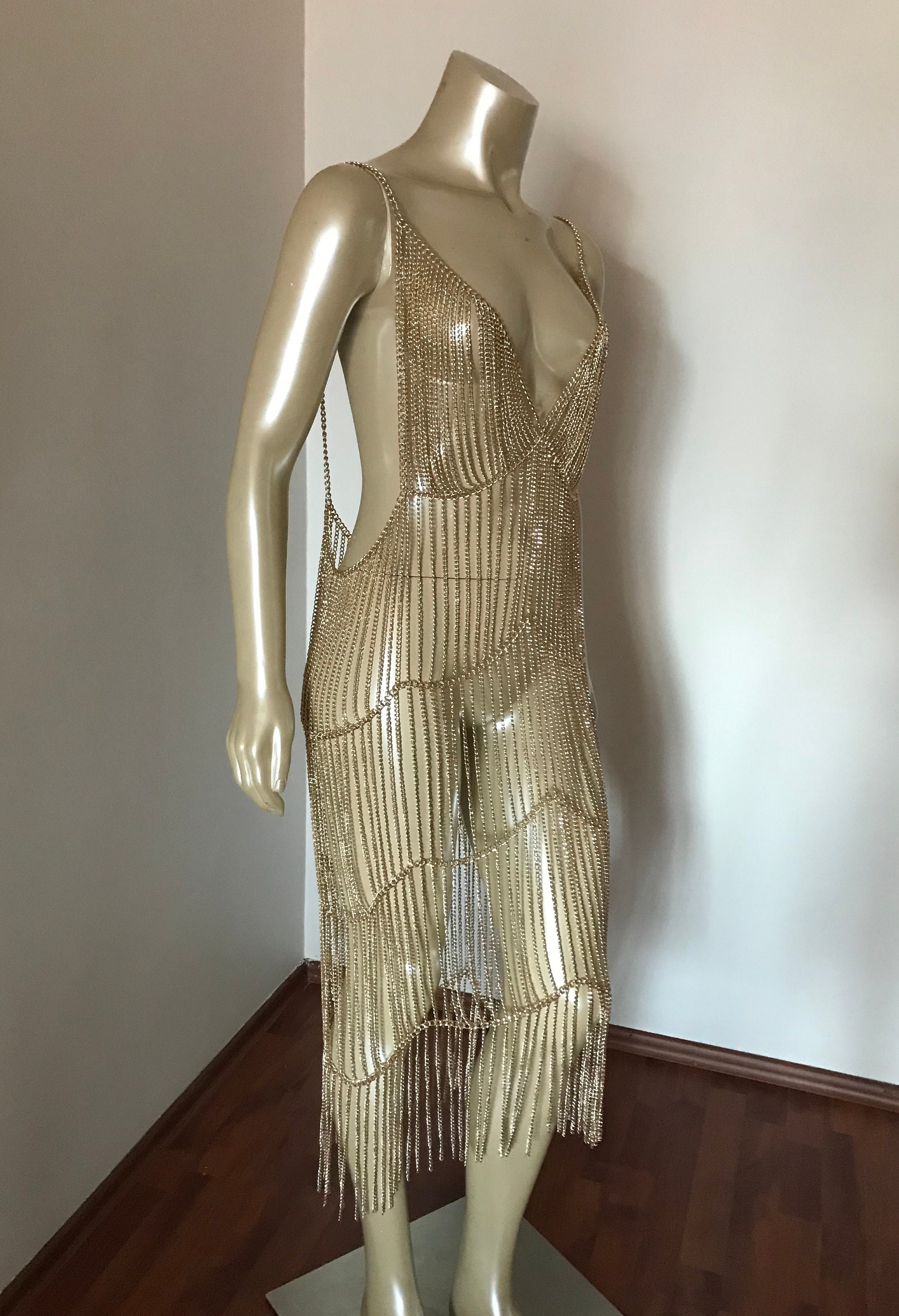 Gold chain dress Silver chain dress Long chain dress Body Etsy