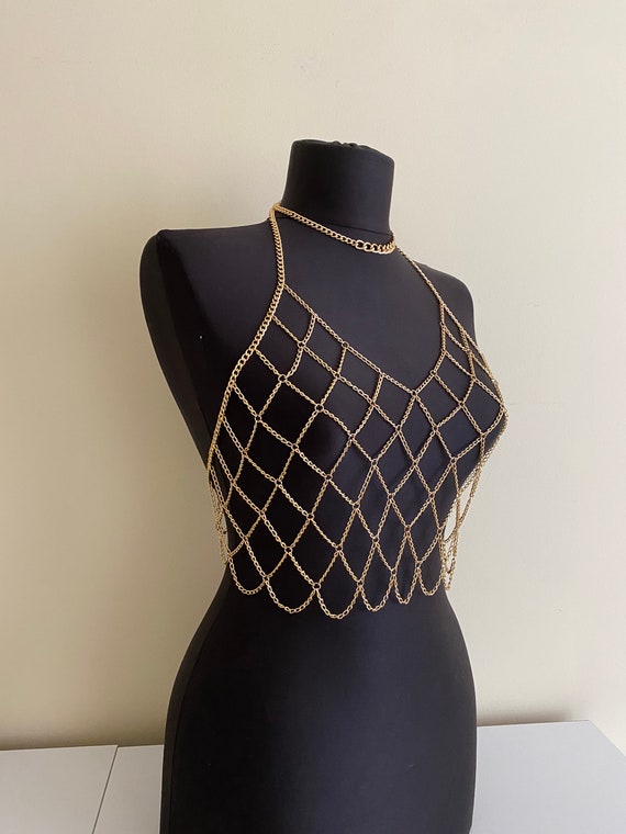 Gold V Collar Body Chain, T Shirt Body Chain, Chain Bralette, Body jewelry, Gold Body Chain, Dainty Bodychain