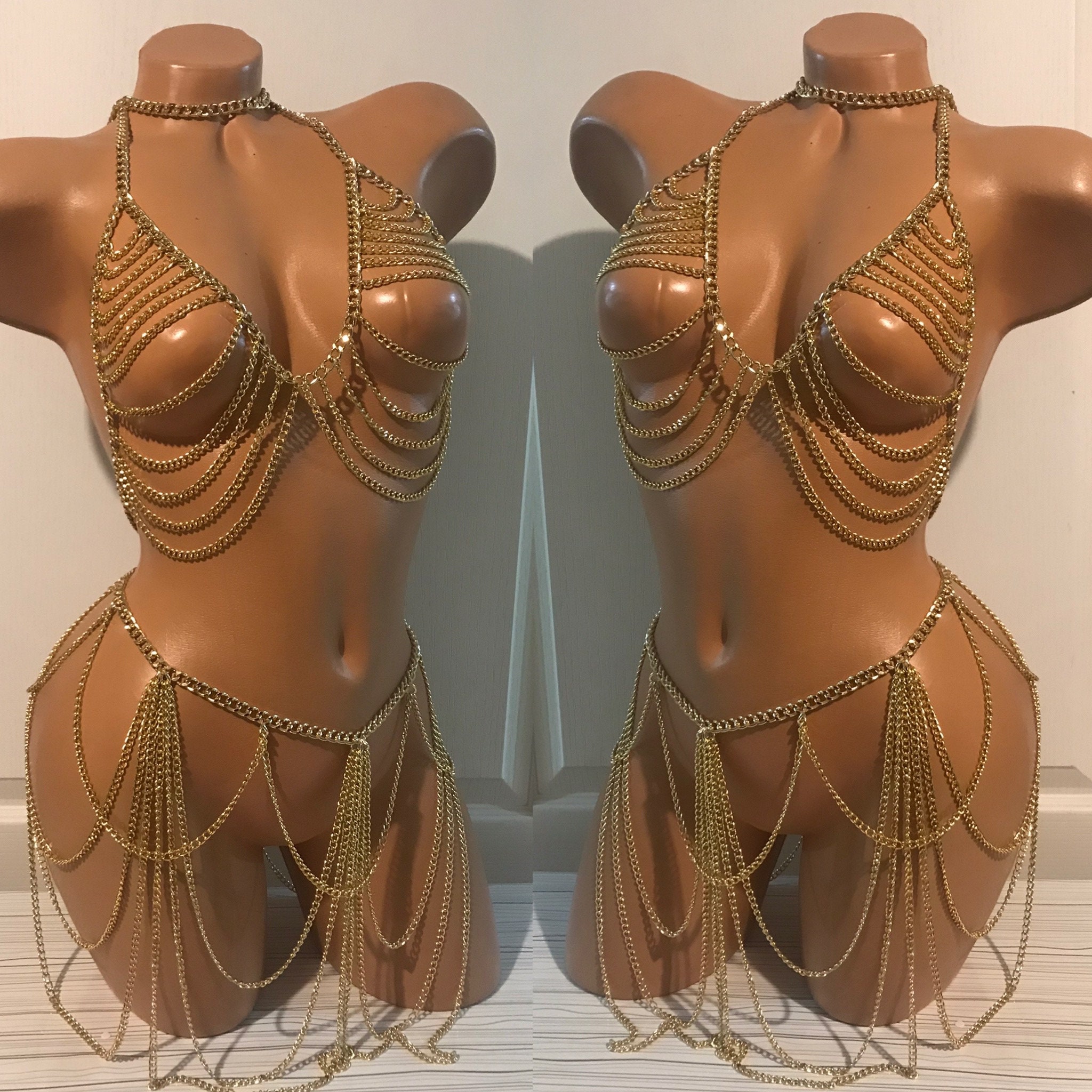 Gold Body Jewelry / SET / Chain Bra and Chain Bottom / Rave Outfit